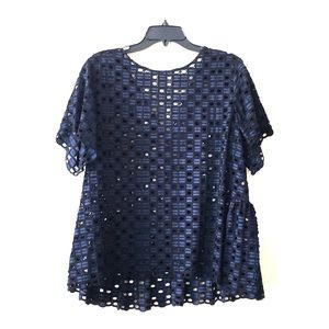 Loft (L) navy and black lace half peplum top